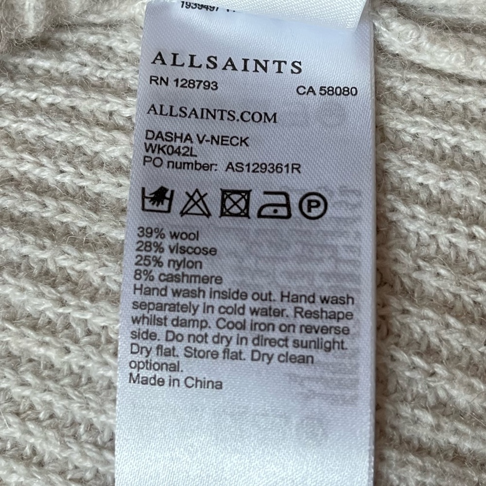 All Saints Dasha V Neck Cold Shoulder Cashmere Wool Blend Sweater Off White XS - Picture 7 of 8